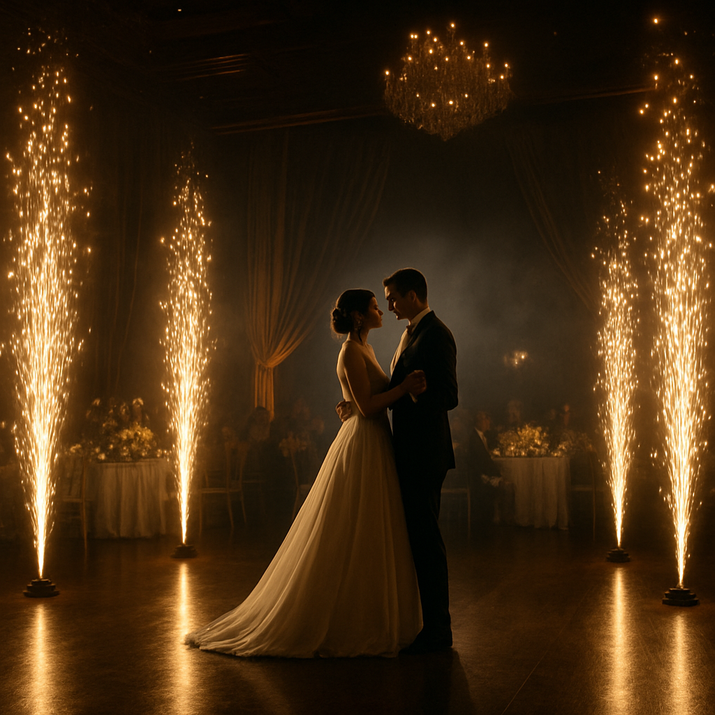 Newlyweds sharing a first dance surrounded by golden cold spark fountains